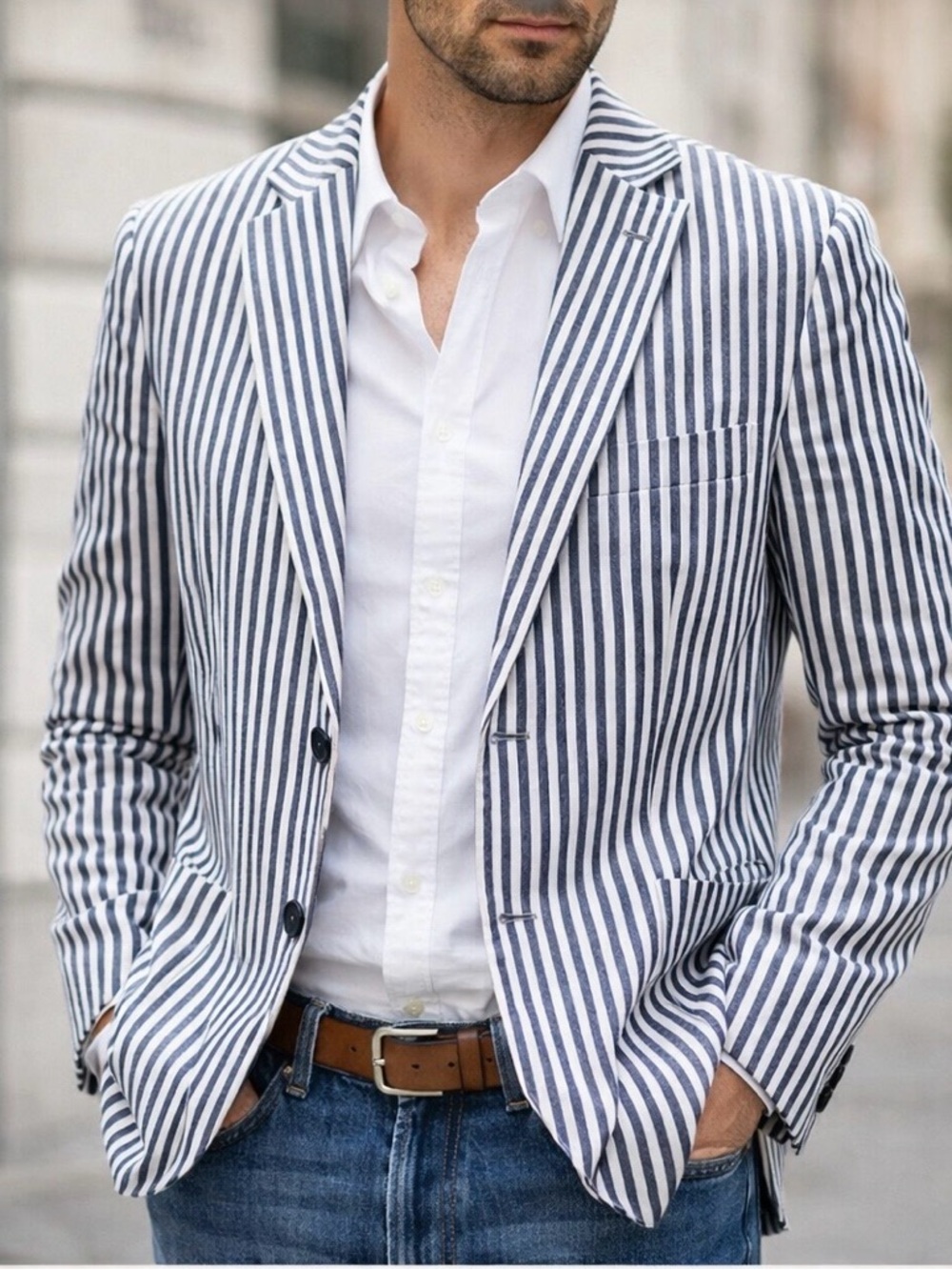 Men’s Linen Blend Striped Blazer – Made in Italy – Size L (50-52)